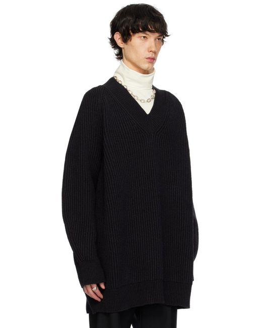 Jil Sander Blue Black V-neck Sweater for men