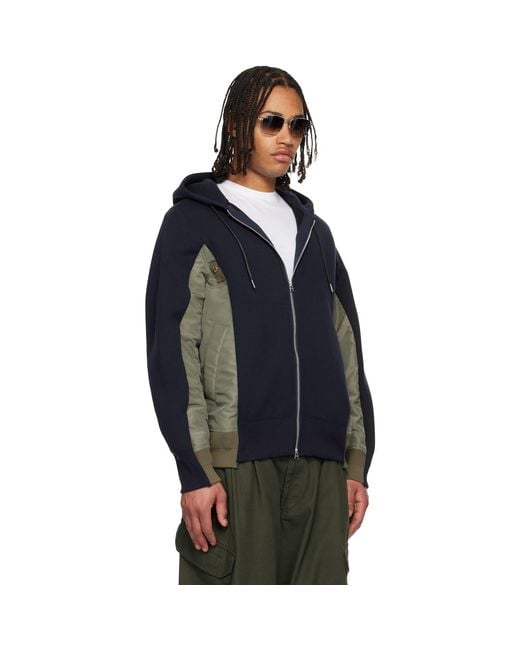 Sacai Blue Khaki Sponge Sweat & Nylon Twill Hoodie for men