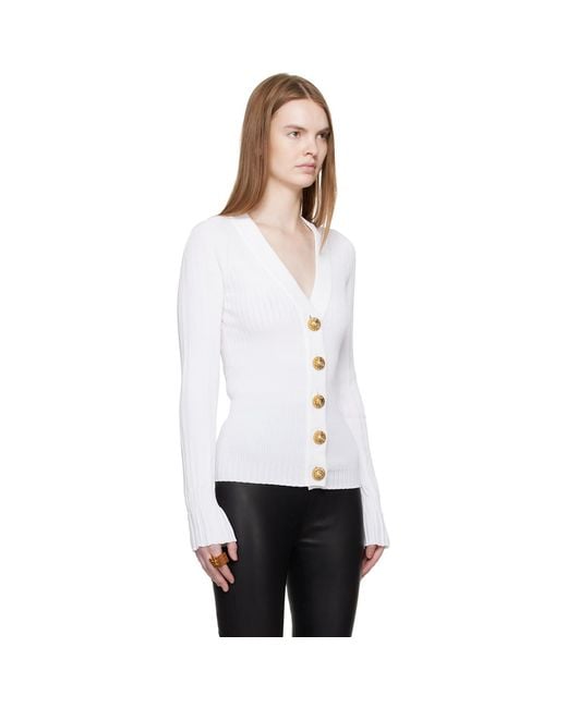 Balmain White Buttoned V-Neck Light Knit Cardigan