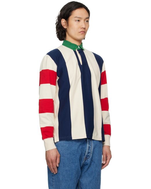 Drake's Red Off- & Vertical Block Stripe Cotton Rugby Polo for men