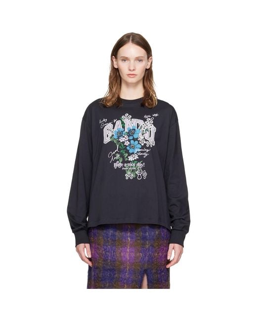 Ganni Blue Flowers Long Sleeve T-Shirt