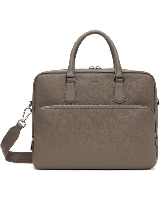 Boss Brown Taupe Leather Emed Logo Briefcase for men