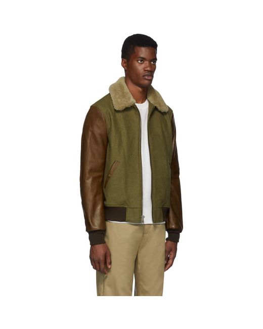 Schott Nyc Wool Khaki And Brown Leather B 15 Jacket In Olive