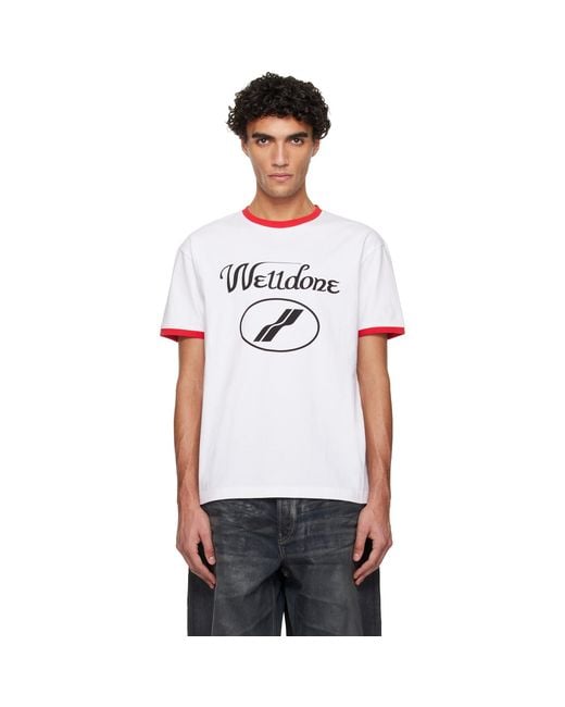 we11done White Cursive Logo Fitted Ringer T-Shirt for men