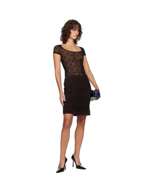 MARINE SERRE Black Recycled Mesh Flock Open Neck T-Shirt