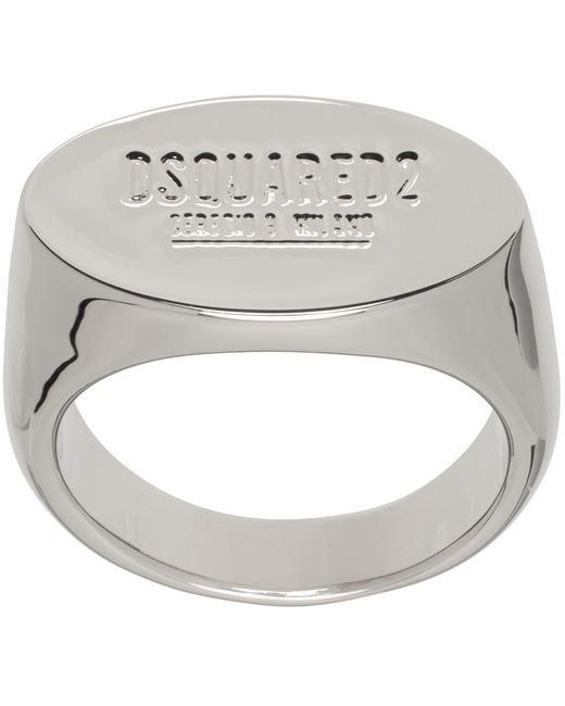 DSquared² Metallic Silver D2 Tag Chain Ring for men