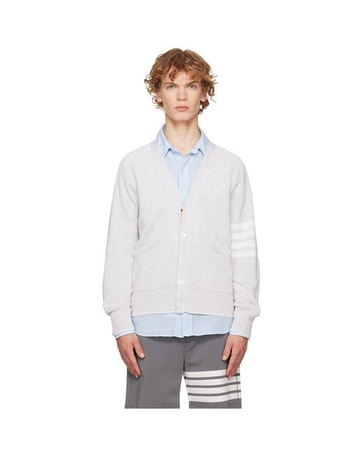 Thom Browne White Linen Cotton 4-Bar Relaxed Fit Cardigan for men