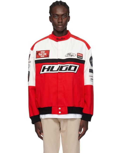 メンズ HUGO ホワイト&レッド ロゴパッチ ボンバージャケット Red