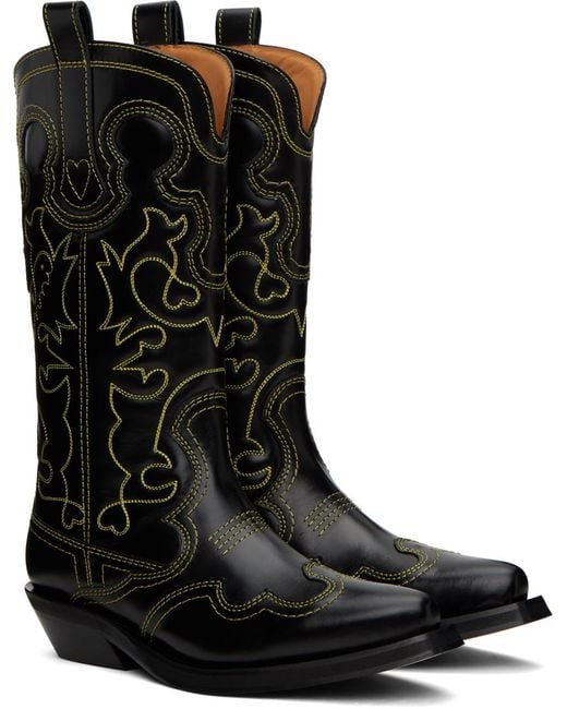Ganni Black Mid Shaft Embroidered Western Boots
