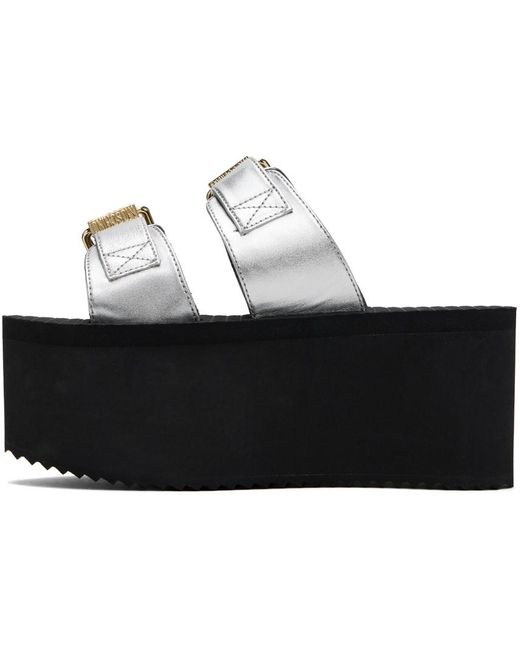 Moschino Black Silver Lettering Logo Laminated Wedge Sandals