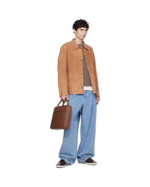 Boss Brown Tan Button-Up Suede Checkered Lining Leather Jacket for men