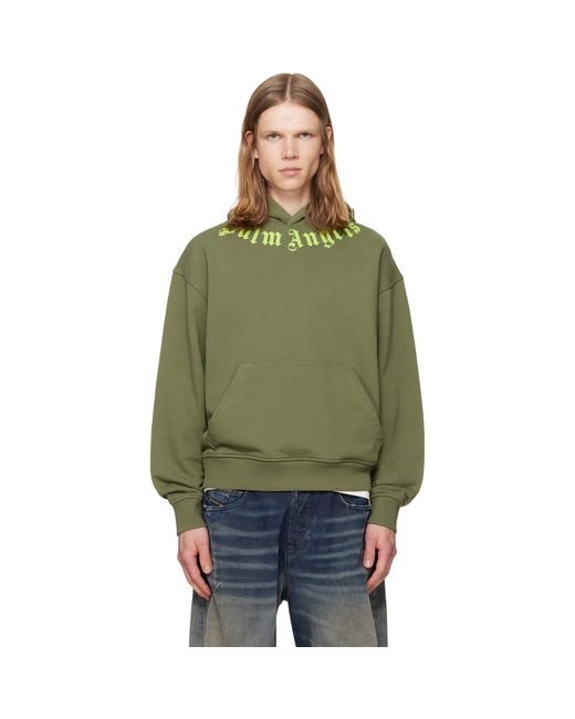 Palm Angels Green Khaki Neck Logo Hoodie for men