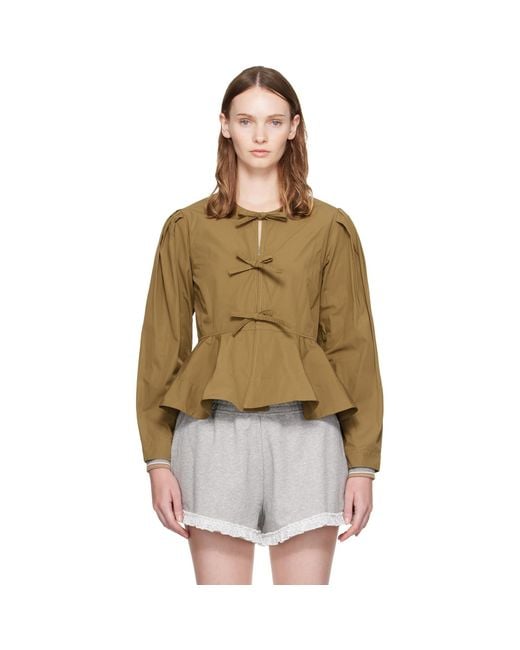 Ganni Brown Khaki Compact Poplin Long Sleeve Peplum Blouse