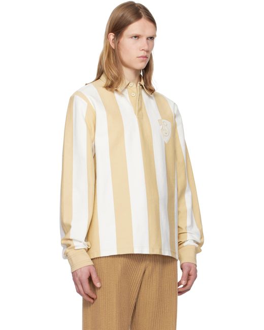 メンズ Burberry ベージュ＆ホワイト ストライプ コットン 長袖ニットポロシャツ Natural