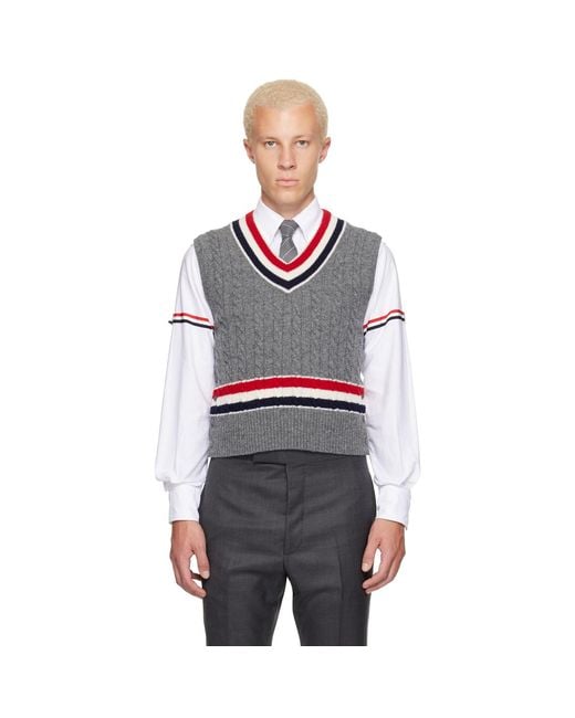 Thom Browne Gray Baby Cable V-Neck Cricket Rwb Vest for men