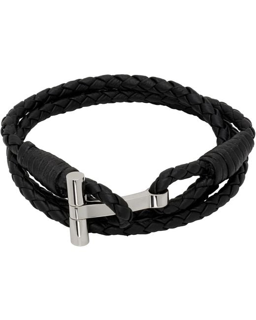 Tom Ford Black Braided Leather T Bracelet for men