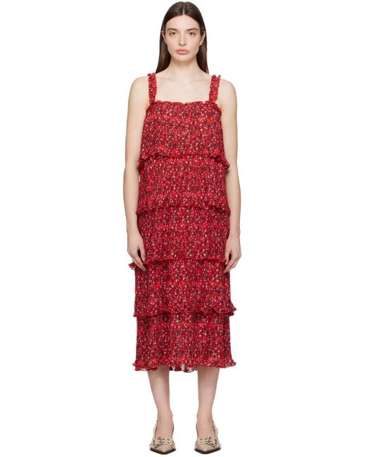 Ganni Red Flounce Midi Dress