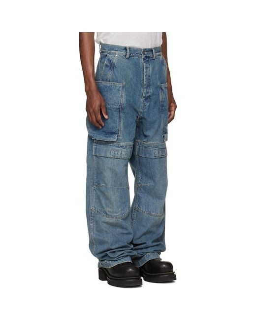 Rick Owens Blue Temple Stefan Denim Cargo Pants for men