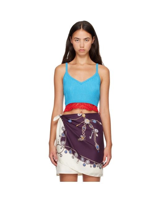 Versace Blue Lace-Trim Viscose-Blend Ribbed Knit Tank Top