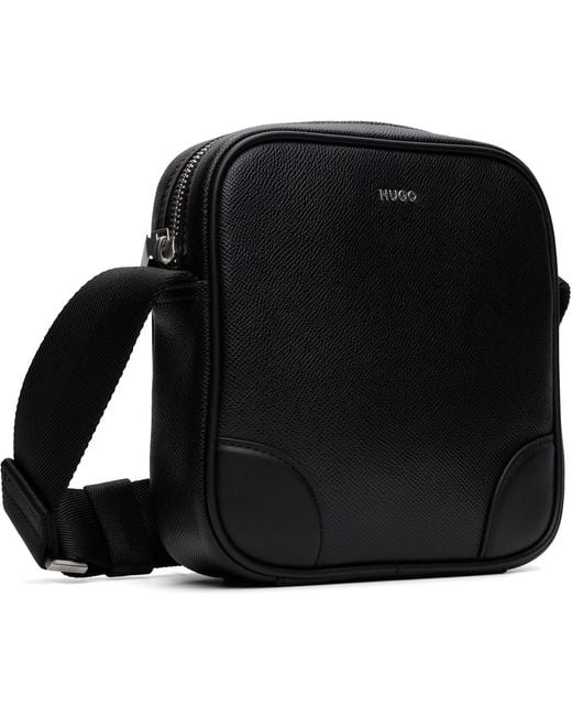 HUGO Black Grained Leather Messenger Bag for men