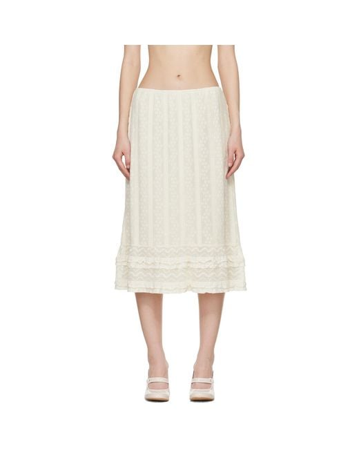 Anna Sui Natural Off- Floral Ruffle Stretch Lace Midi Skirt