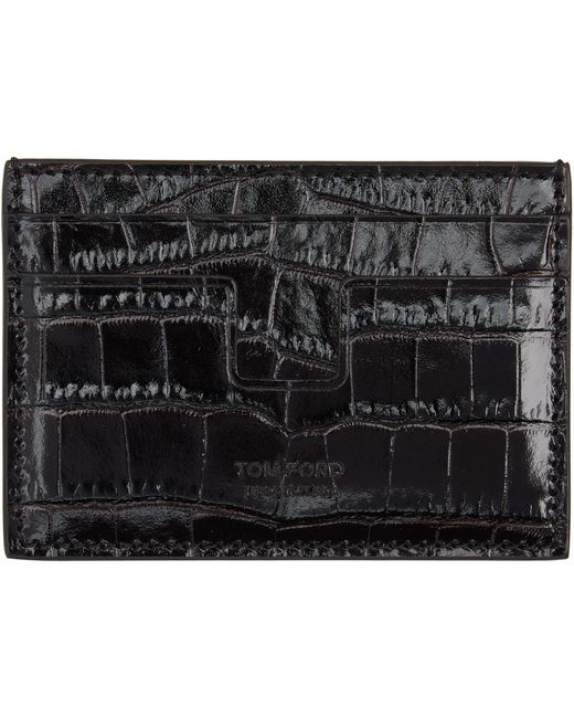 Tom Ford Black Shiny Croc 'T Line' Money Clip Card Holder for men