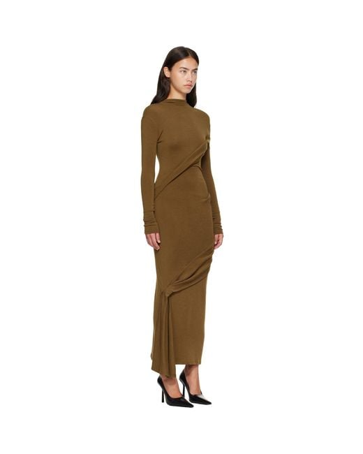 Mugler Green Khaki Draped Turtleneck Maxi Dress