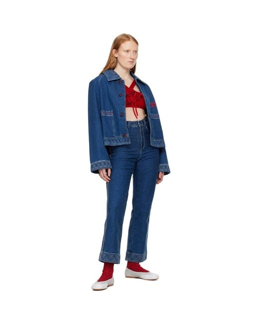 Bode Blue Red Ruffle Bra