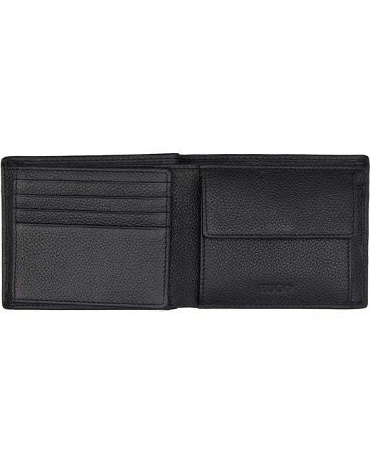 HUGO Black Stacked-Logo Trifold Leather Wallet for men