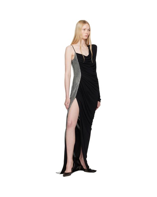Balmain Black Draped Asymmetrical Two-Material Maxi Dress