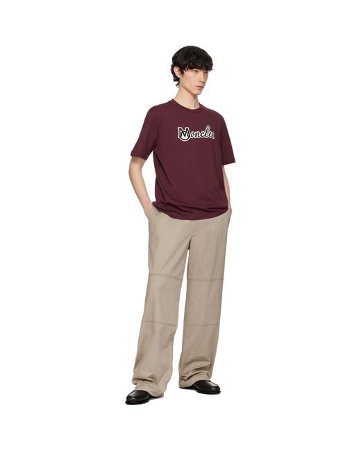 Moncler Burgundy Embroidered Varsity Logo Cotton T-Shirt for men