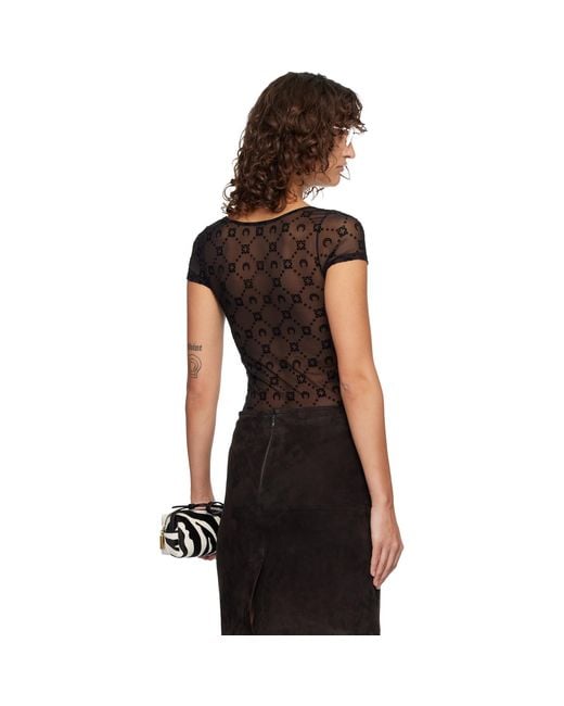 MARINE SERRE Black Recycled Mesh Flock Open Neck T-Shirt