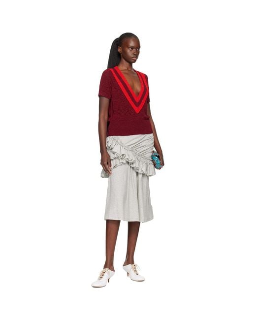 Dries Van Noten Red Burgundy V-Neck Knit Sweater