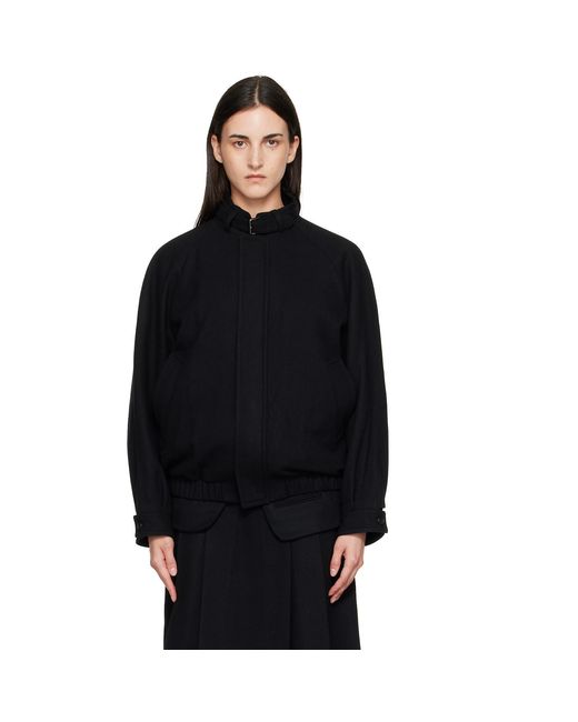 TONYWACK Black Wool Flannel Belted Stand Collar Bomber Jacket