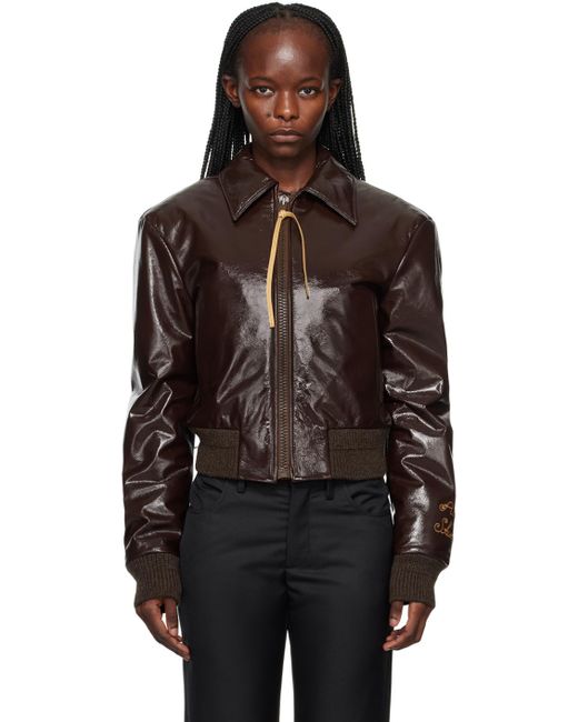 Acne Black Burgundy Crinkled Leather Bomber Jacket