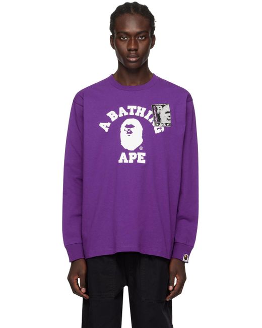 T-shirt à manches longues mauve à logo de style collégial A Bathing Ape pour homme en coloris Purple
