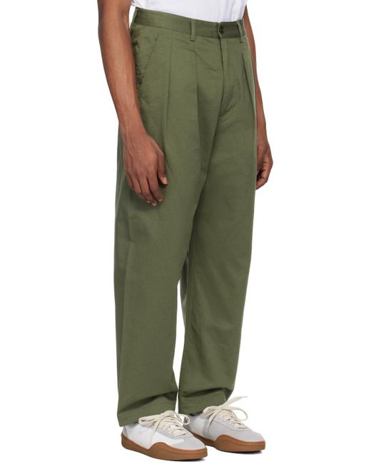 Universal Works Green Khaki Double Pleat Trousers for men