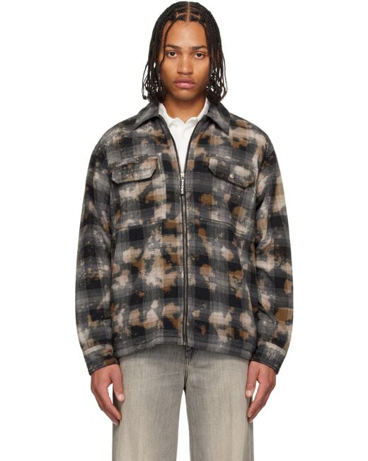 メンズ Palm Angels グレー＆ブラウン Curved Logo チェック オーバーシャツ Black