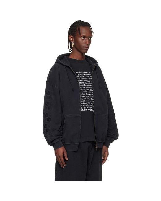 Vetements Black Embroidered Biker Cross Sleeves Zip-Up Hoodie for men