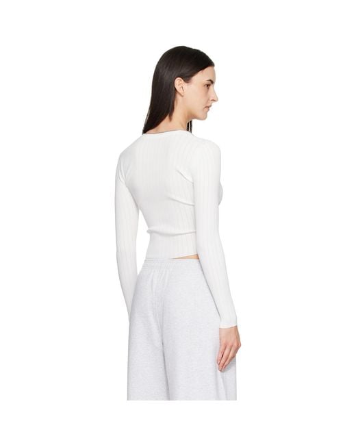 Alexander Wang White V-Neck Long Sleeve Pointelle Zip Cardigan