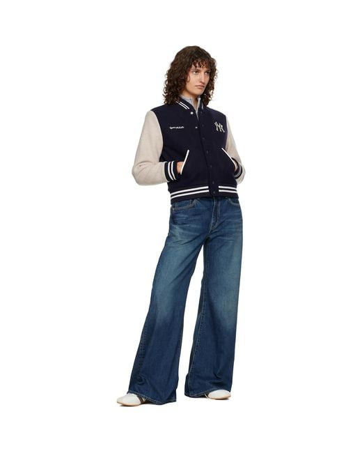 Sporty & Rich Blue Yankees Curve Wool Varsity Jacket