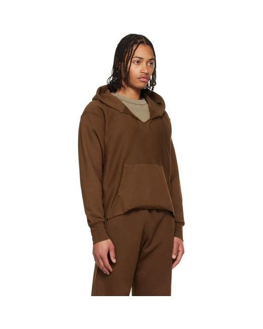 Les Tien Brown Heavyweight Raw Cropped Hoodie for men