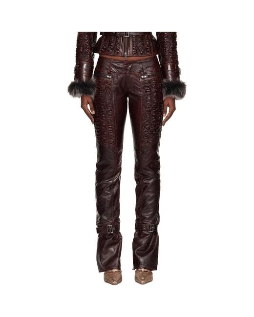 KNWLS Red Smocked Straight Leg Leather Trousers