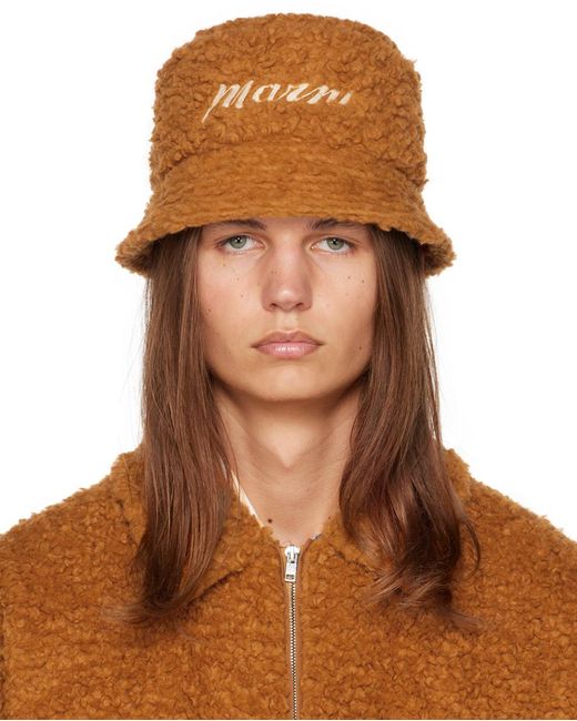 Marni Brown Orange Embroidered Bucket Hat for men