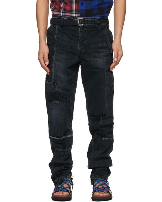 Sacai Black Denim Patchwork Jeans for men