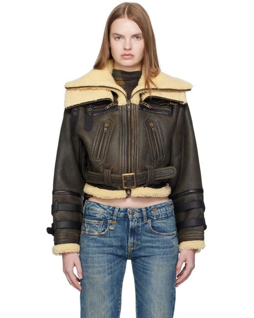R13 Black Cropped Shearling Bomber Jacket