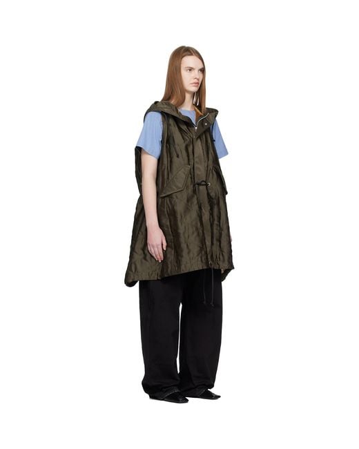 Sacai Black Khaki Quilted Satin Hooded Vest