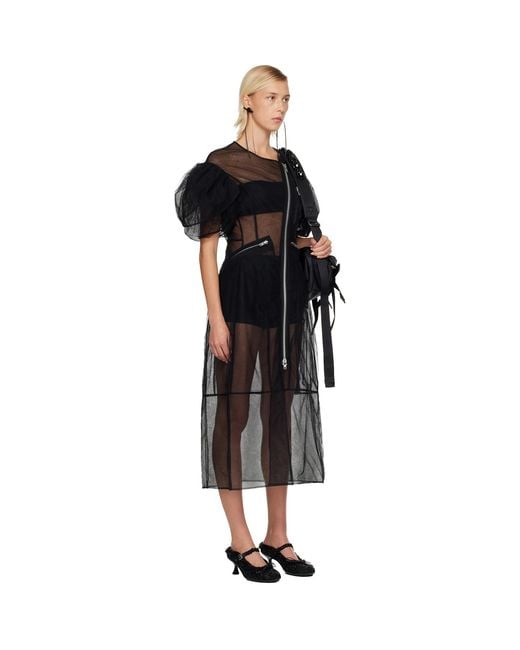 Simone Rocha Black Sheer Sculpted Petal Sleeve Biker Midi Dress