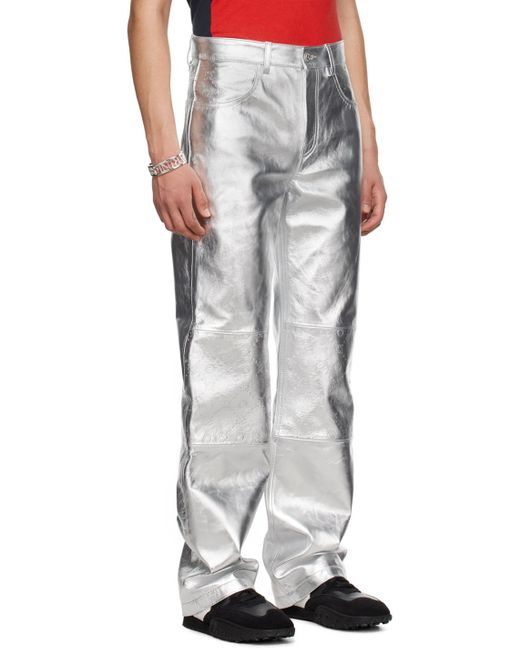 Pantalon argenté en cuir à motif graphique à logo gaufré MARINE SERRE pour homme en coloris White