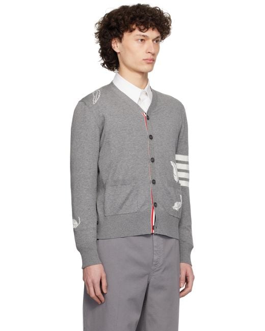 Thom Browne Gray Feather High V-Neck Cardigan for men